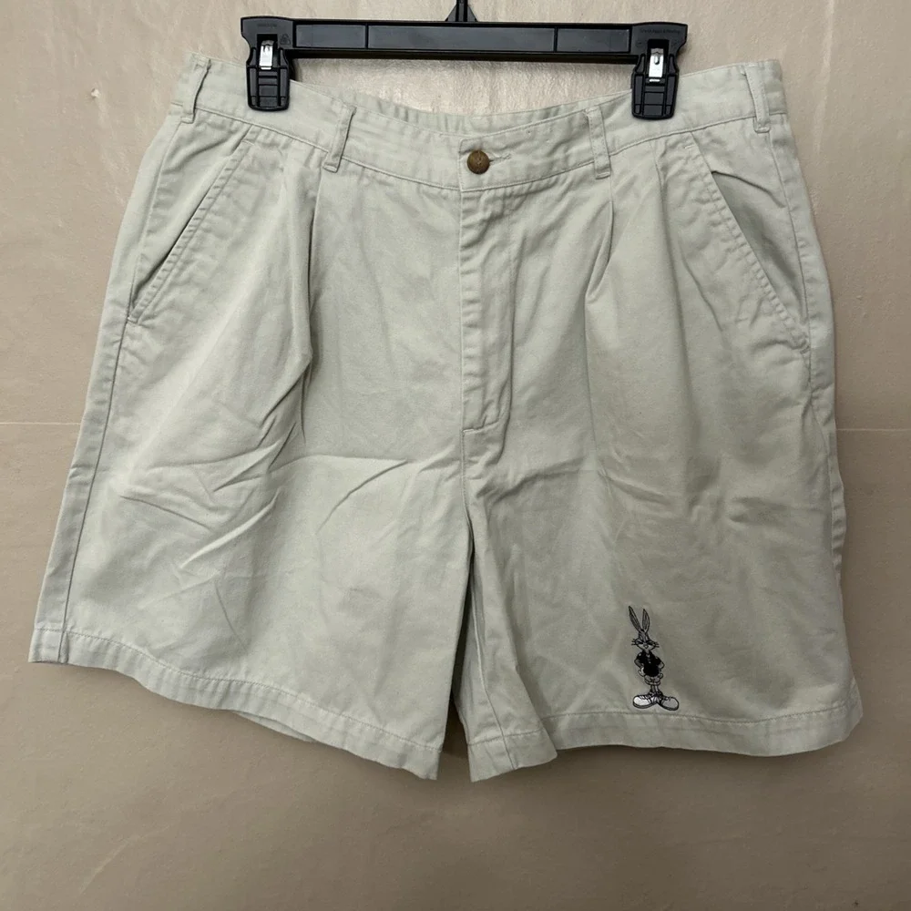 Vintage Looney Tunes Rabbit Embroidery Khaki Men's 36 Shorts Pleated